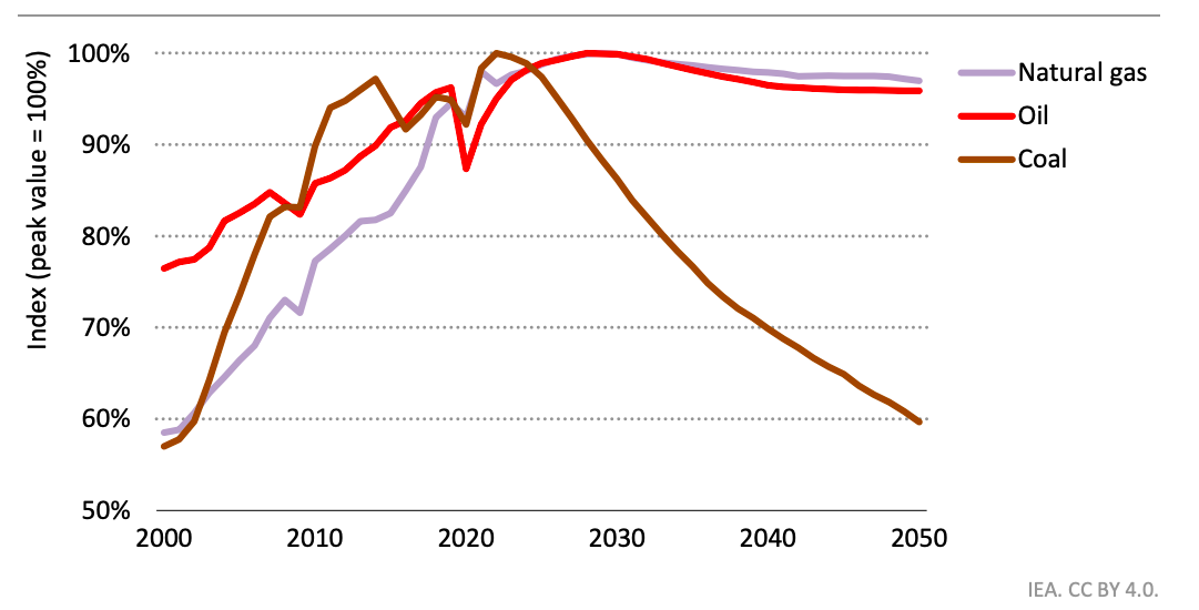 Fossil fuel consumption by fuel in the STEPS, 2000-2050